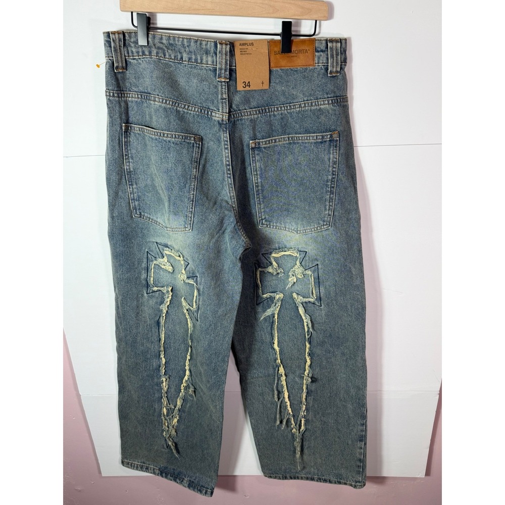 Saint Morta Amplus Crossfire Jeans Dirty Denim Baggy Fit Distressed Cross 34 NEW